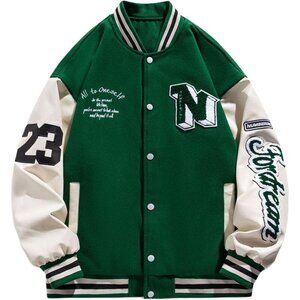 Men's Varsity Jackets Vintage Baseball Y2k Letterman Jacket Button Down Green